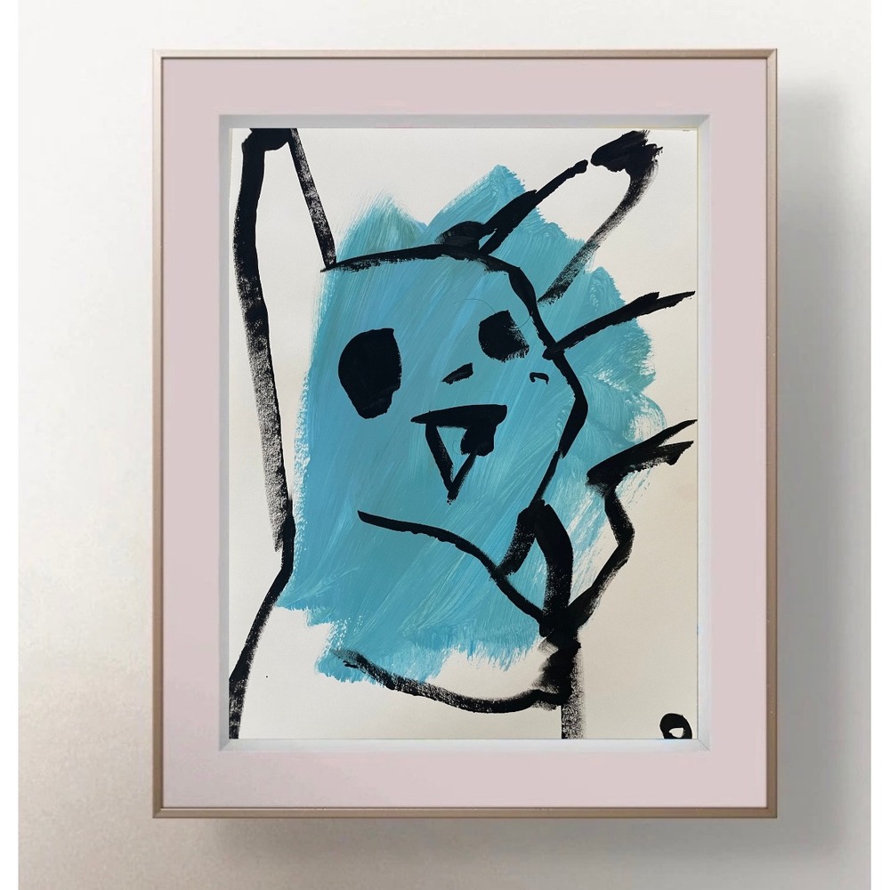 OMAN Original Pikachu Pokemon Painting Blue Electric Mouse Anime Pop Art 8.5x11